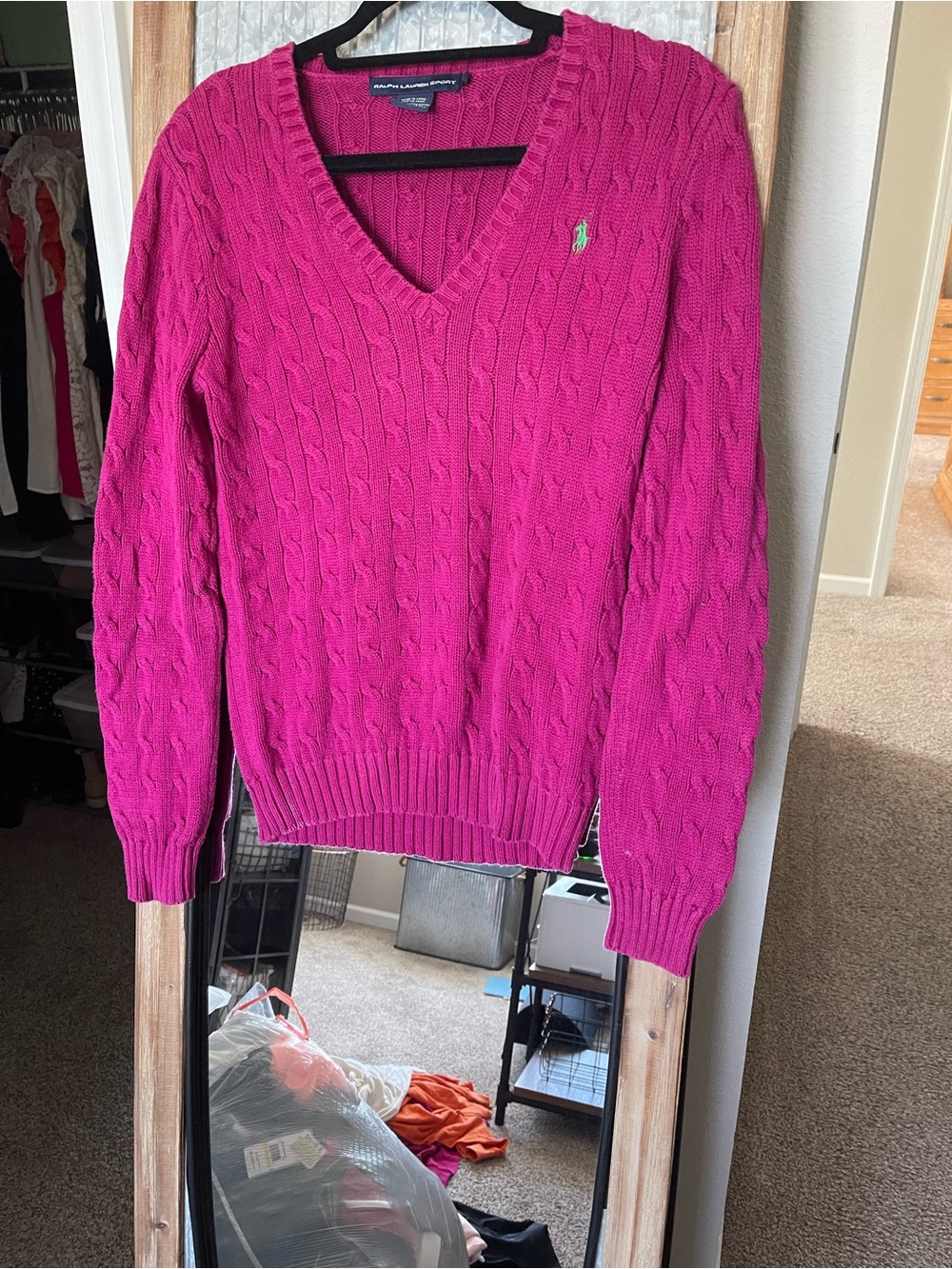 Ralph Lauren Women’s Hot Pink Cable-Knit V-Neck Sweater